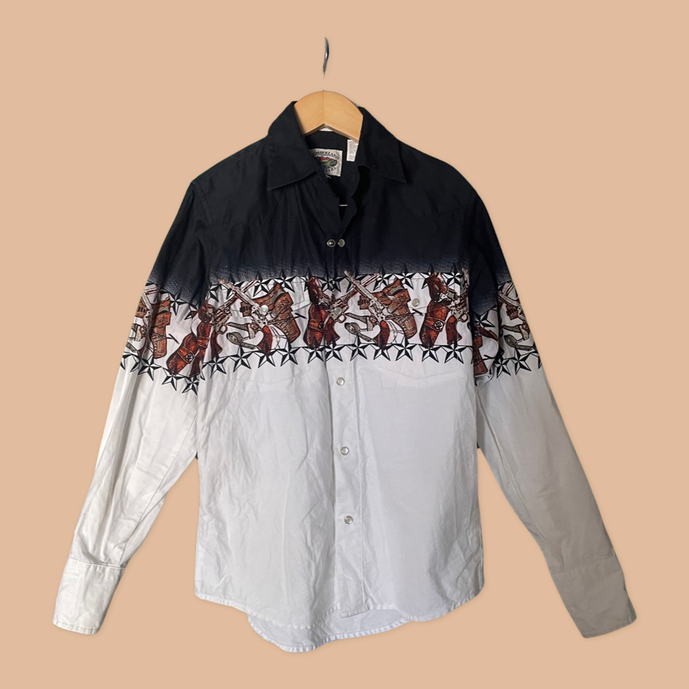 Boys Vintage Pistol & Holster Cumberland Pearl Snap Shirt Medium Cowboy Western